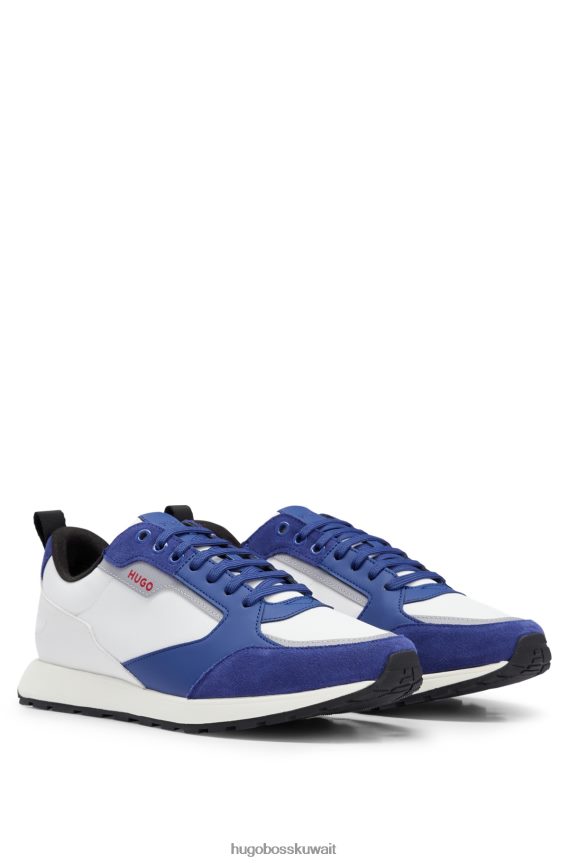 4TFNJN4710 أبيض/أزرق داكن Hugo Boss حذاء رياضي مستوحى من الطراز القديم مصنوع من جلد الغزال والشبكة البيضاء