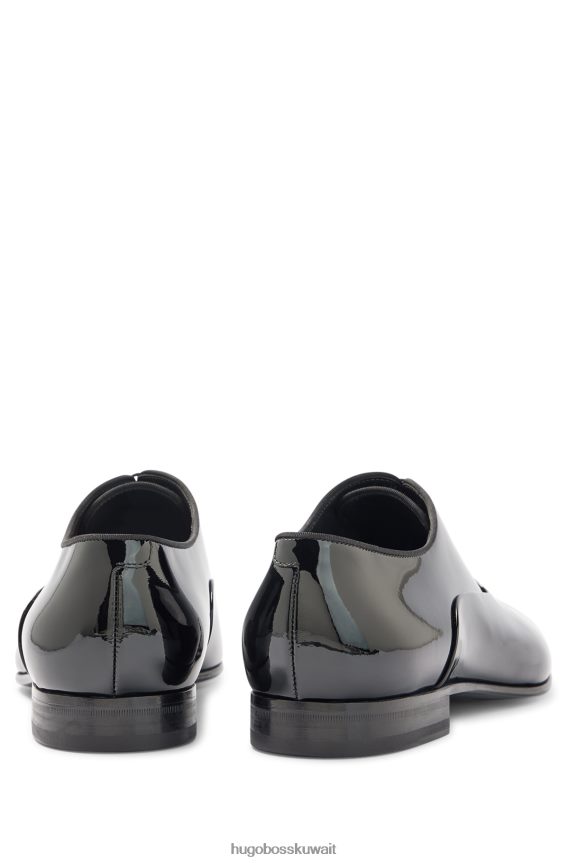4TFNJN4729 أسود Hugo Boss حذاء أكسفورد أسود من الجلد اللامع مع حواف من الحرير المضلع