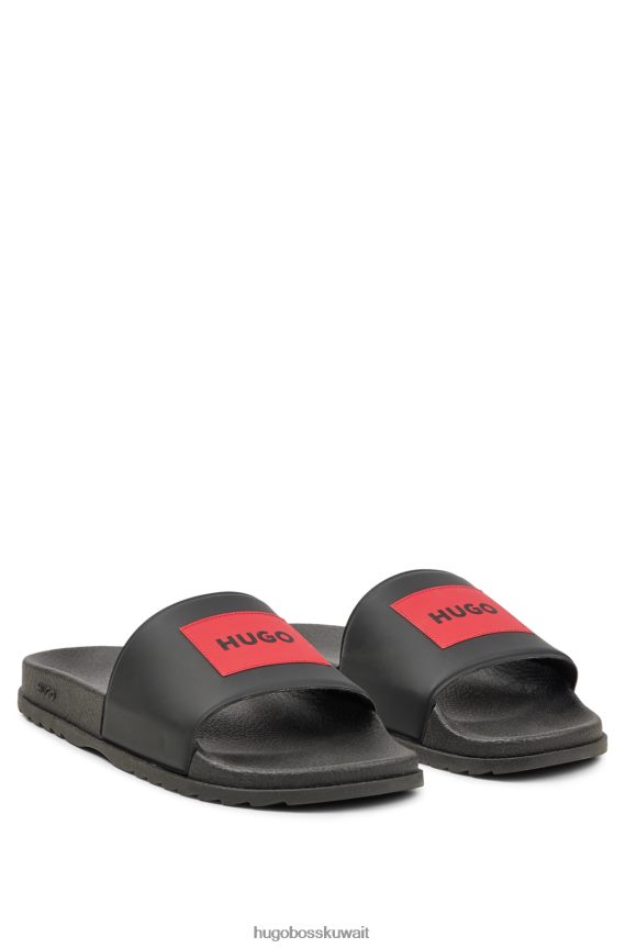 4TFNJN4734 أسود Hugo Boss شرائح إيطالية الصنع مع رقعة الشعار الأحمر باللون الأسود