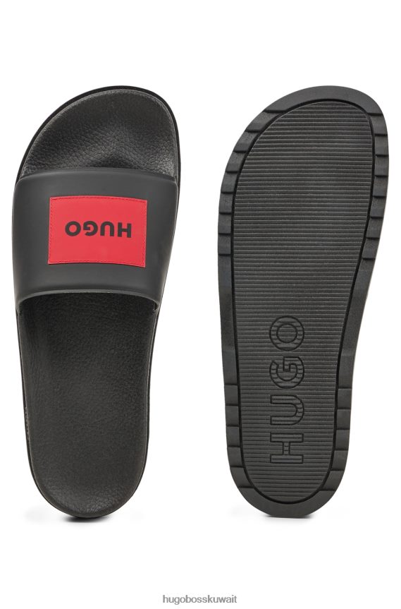 4TFNJN4734 أسود Hugo Boss شرائح إيطالية الصنع مع رقعة الشعار الأحمر باللون الأسود