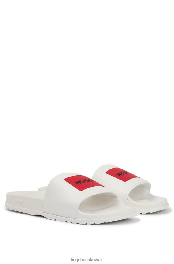 4TFNJN4736 أبيض Hugo Boss شرائح إيطالية الصنع مع رقعة شعار هوغو باللون الأحمر والأبيض