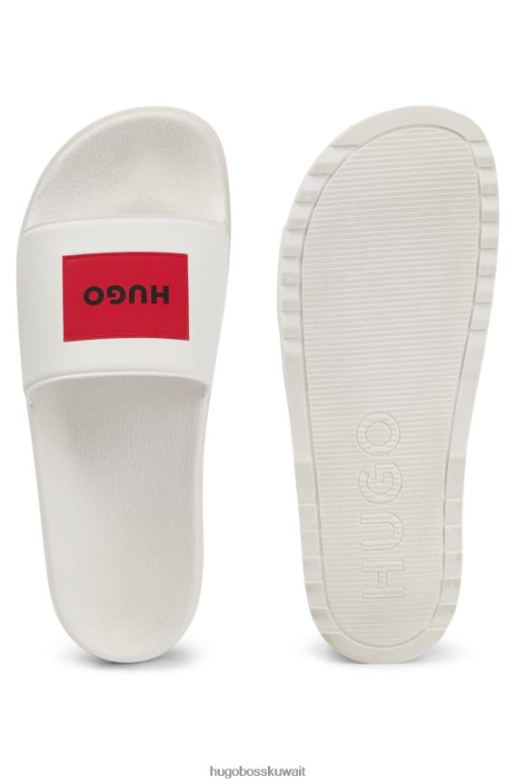 4TFNJN4736 أبيض Hugo Boss شرائح إيطالية الصنع مع رقعة شعار هوغو باللون الأحمر والأبيض