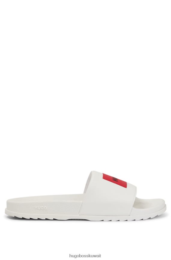4TFNJN4736 أبيض Hugo Boss شرائح إيطالية الصنع مع رقعة شعار هوغو باللون الأحمر والأبيض
