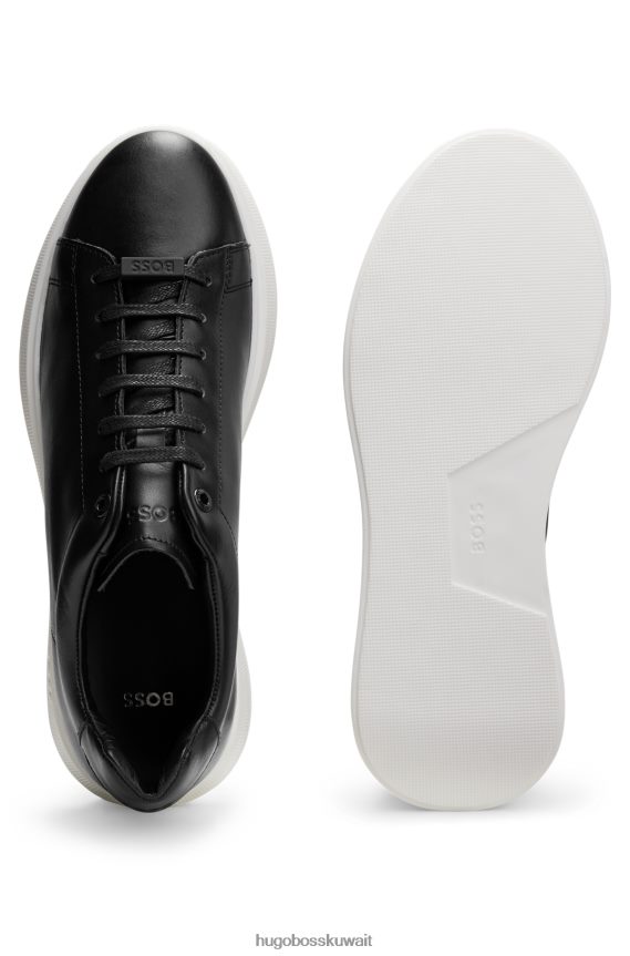 4TFNJN4737 أسود Hugo Boss حذاء رياضي هوغو أسود منخفض من الجلد مع حلقة من الدانتيل تحمل العلامة التجارية