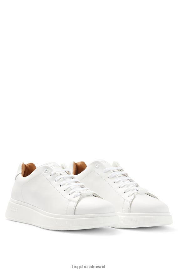 4TFNJN4738 أبيض Hugo Boss حذاء رياضي هوغو أبيض منخفض من الجلد مع حلقة من الدانتيل تحمل العلامة التجارية