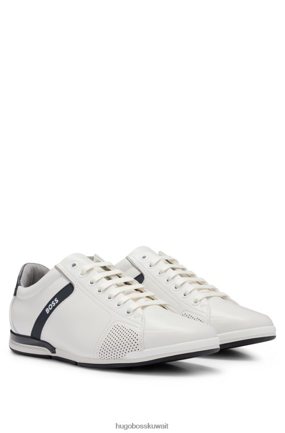 4TFNJN4746 أبيض Hugo Boss حذاء رياضي جلدي منخفض القمة مع شعارات وتفاصيل مطاطية باللون الأبيض