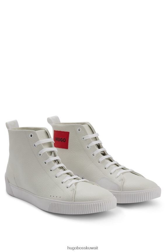 4TFNJN4760 أبيض Hugo Boss حذاء رياضي هوغو من الجلد المحبب مع شعار باللون الأحمر والأبيض