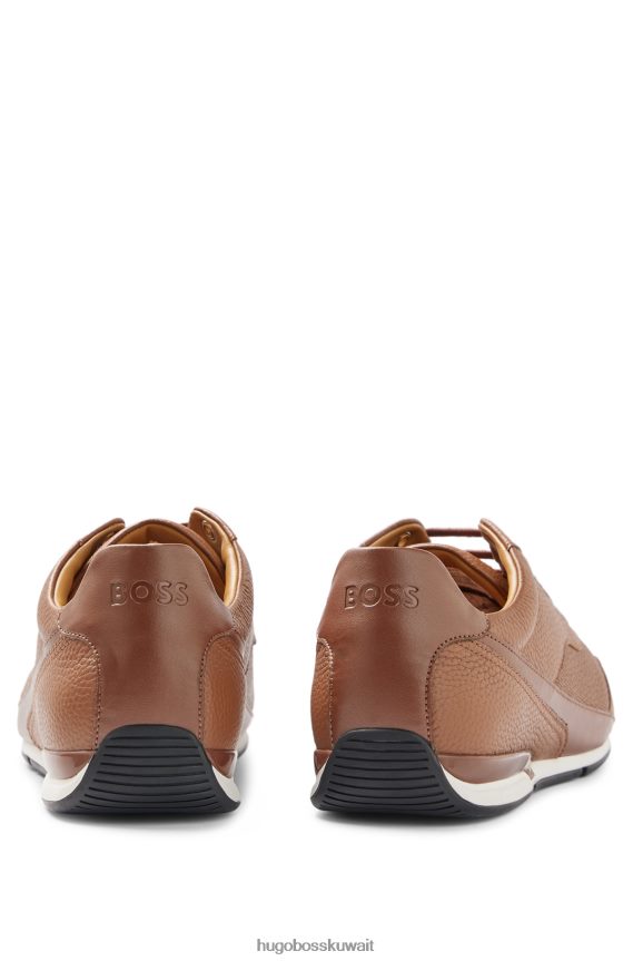 4TFNJN4763 بني Hugo Boss حذاء رياضي منخفض من الجلد المثقوب والمحبب باللون البني