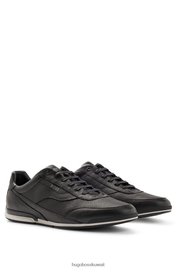 4TFNJN4765 أسود Hugo Boss حذاء هوغو أسود منخفض القمة مصنوع من الجلد المثقوب والحبيبي