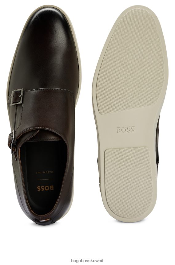 4TFNJN4766 بني غامق Hugo Boss حذاء هوغو مزدوج الراهب من الجلد مع نعل خارجي مطاطي بني داكن