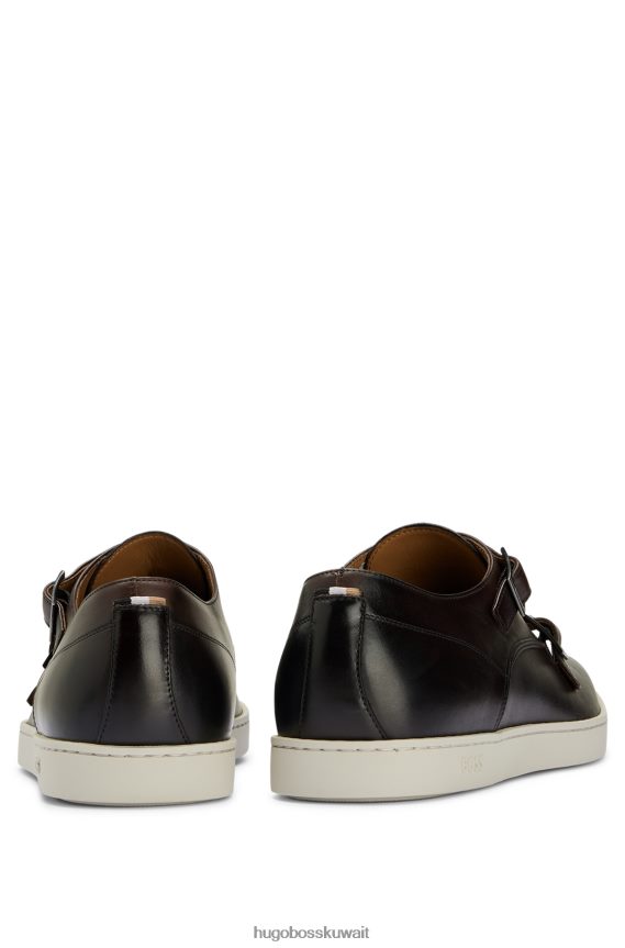 4TFNJN4766 بني غامق Hugo Boss حذاء هوغو مزدوج الراهب من الجلد مع نعل خارجي مطاطي بني داكن