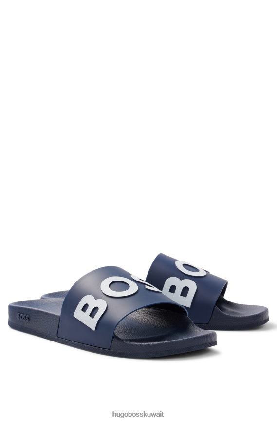 4TFNJN4800 أزرق غامق Hugo Boss شرائح إيطالية الصنع باللون الأزرق الداكن مع حزام هوغو يحمل شعارًا متباينًا