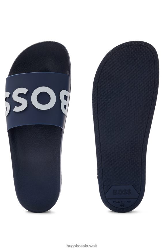 4TFNJN4800 أزرق غامق Hugo Boss شرائح إيطالية الصنع باللون الأزرق الداكن مع حزام هوغو يحمل شعارًا متباينًا