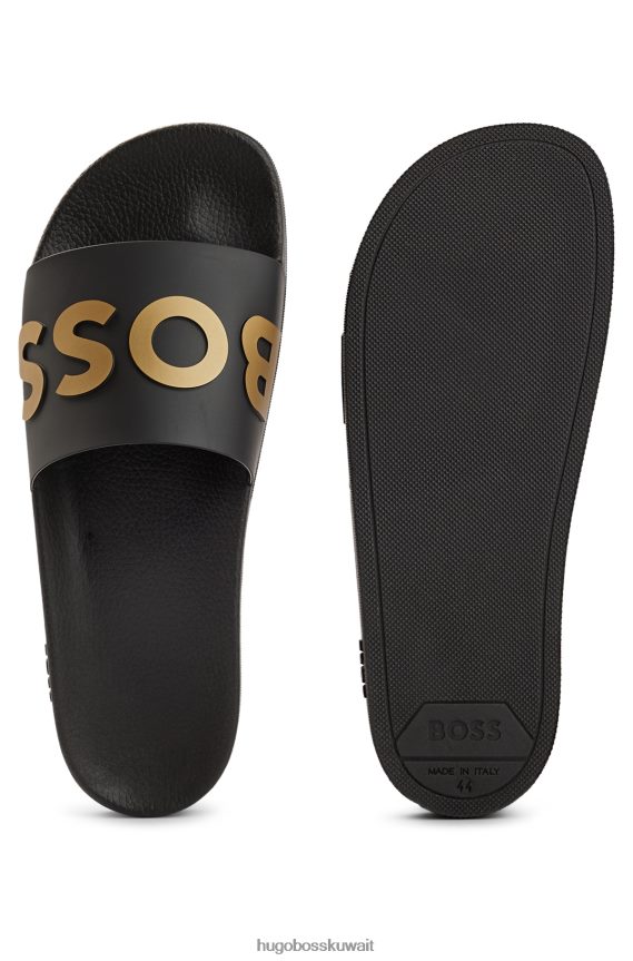 4TFNJN4805 أسود Hugo Boss شرائح إيطالية الصنع مع حزام أسود يحمل شعار هوغو