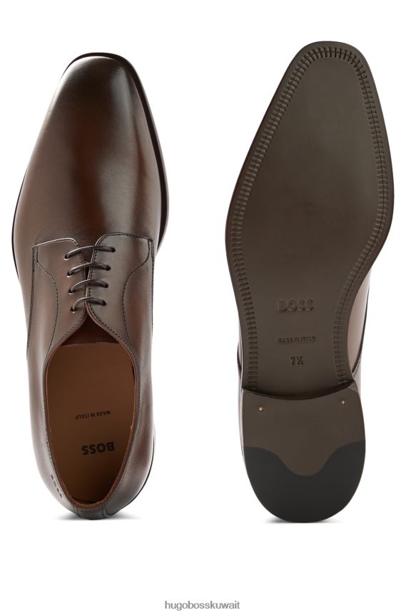 4TFNJN4807 بني Hugo Boss حذاء ديربي إيطالي الصنع من الجلد مع تفاصيل مخيطة باللون البني