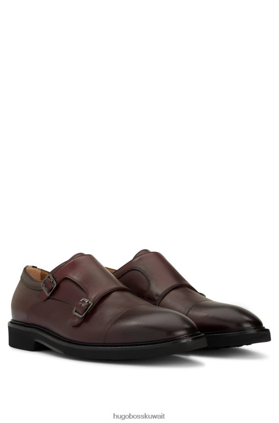 4TFNJN4812 احمر غامق Hugo Boss حذاء مزدوج الراهب من الجلد باللون الأحمر الداكن مع نعل داخلي مبطن