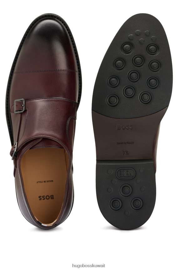 4TFNJN4812 احمر غامق Hugo Boss حذاء مزدوج الراهب من الجلد باللون الأحمر الداكن مع نعل داخلي مبطن