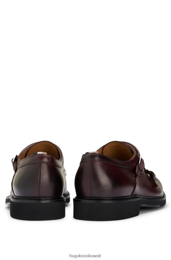 4TFNJN4812 احمر غامق Hugo Boss حذاء مزدوج الراهب من الجلد باللون الأحمر الداكن مع نعل داخلي مبطن
