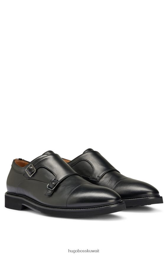 4TFNJN4813 أسود Hugo Boss حذاء جلدي مزدوج الراهب مع نعل داخلي مبطن باللون الأسود