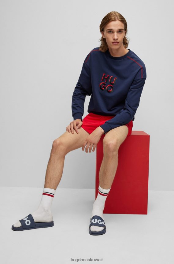 4TFNJN4822 أزرق غامق Hugo Boss شبشب هوغو إيطالي الصنع مع حزام الشعار باللون الأزرق الداكن