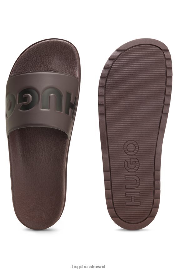 4TFNJN4823 بني غامق Hugo Boss شرائح إيطالية الصنع مع حزام شعار هوغو بني داكن