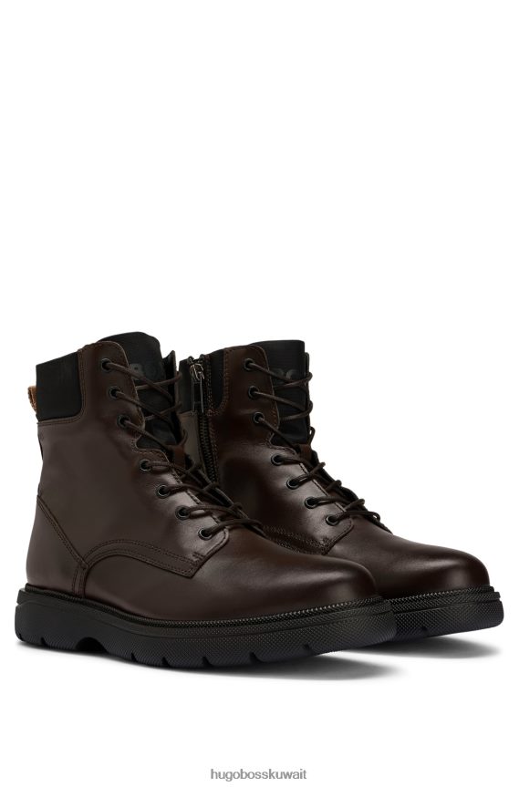4TFNJN4863 بني غامق Hugo Boss نصف حذاء جلدي مع تفاصيل الشعار هوغو بني داكن