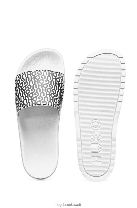 4TFNJN4881 أبيض Hugo Boss شرائح هوغو بيضاء الصنع إيطالية الصنع مع شعار مطبوع