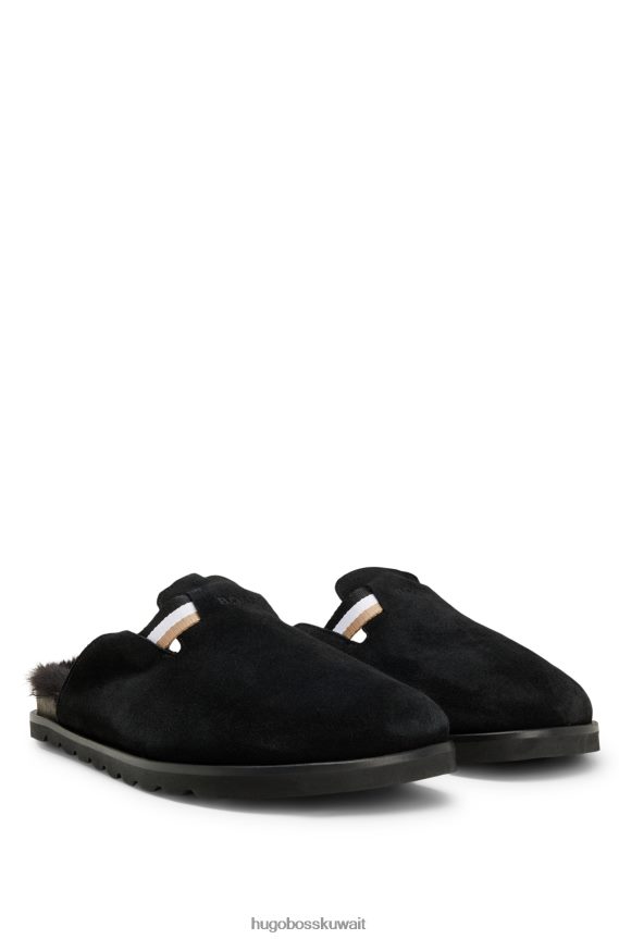 4TFNJN4885 أسود Hugo Boss حذاء مفتوح من جلد الغزال الأسود مع زخرفة شريطية مميزة ونعل خارجي من مادة إيفا