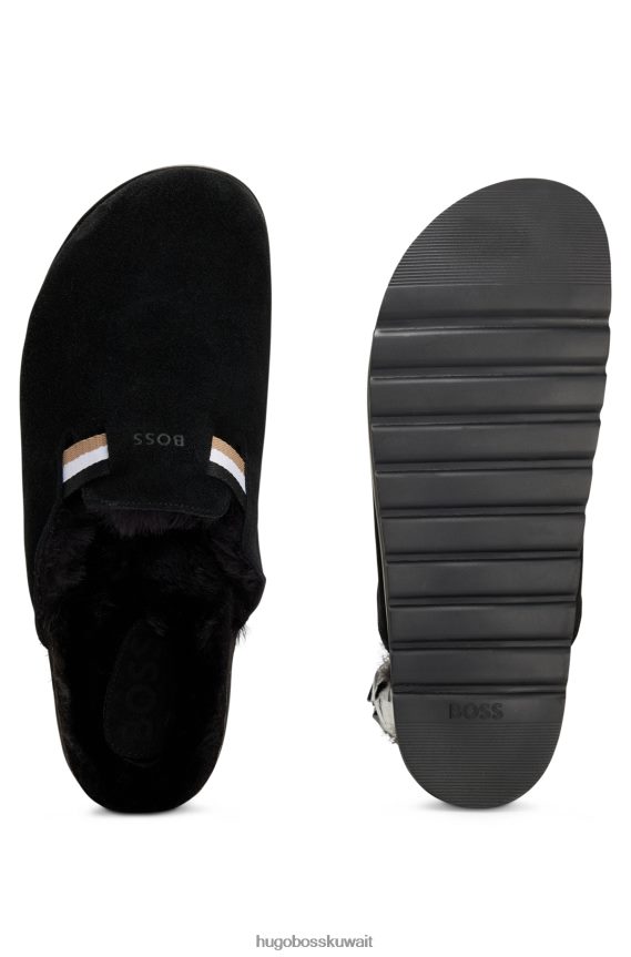 4TFNJN4885 أسود Hugo Boss حذاء مفتوح من جلد الغزال الأسود مع زخرفة شريطية مميزة ونعل خارجي من مادة إيفا