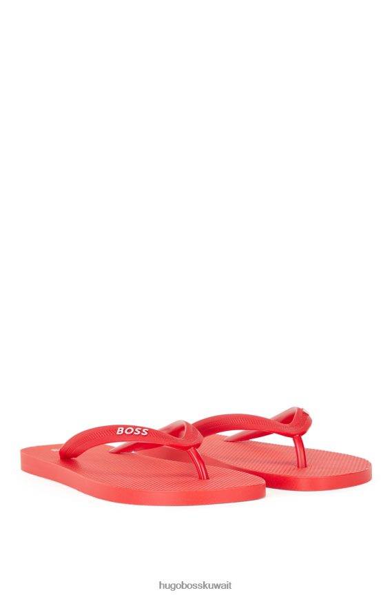 4TFNJN4887 أحمر Hugo Boss شبشب أحمر يحمل علامة هوغو التجارية مع أشرطة منظمة