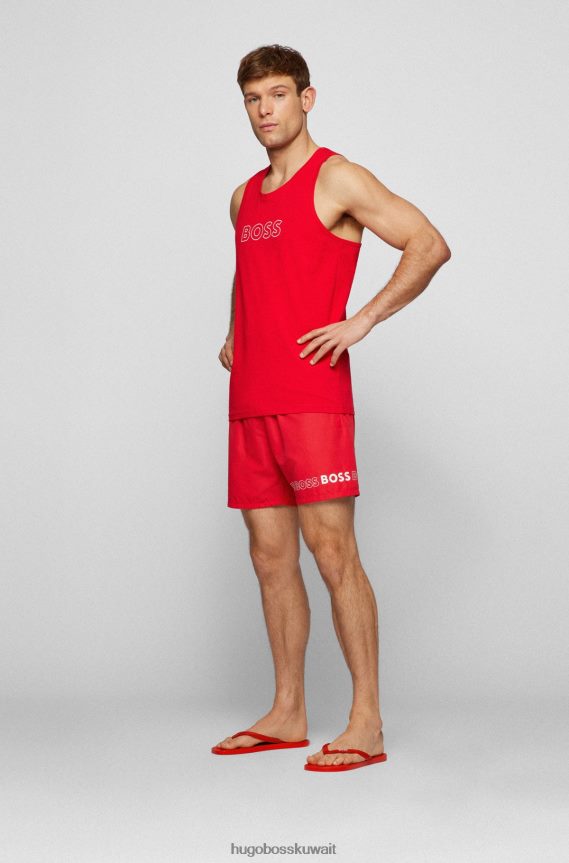 4TFNJN4887 أحمر Hugo Boss شبشب أحمر يحمل علامة هوغو التجارية مع أشرطة منظمة