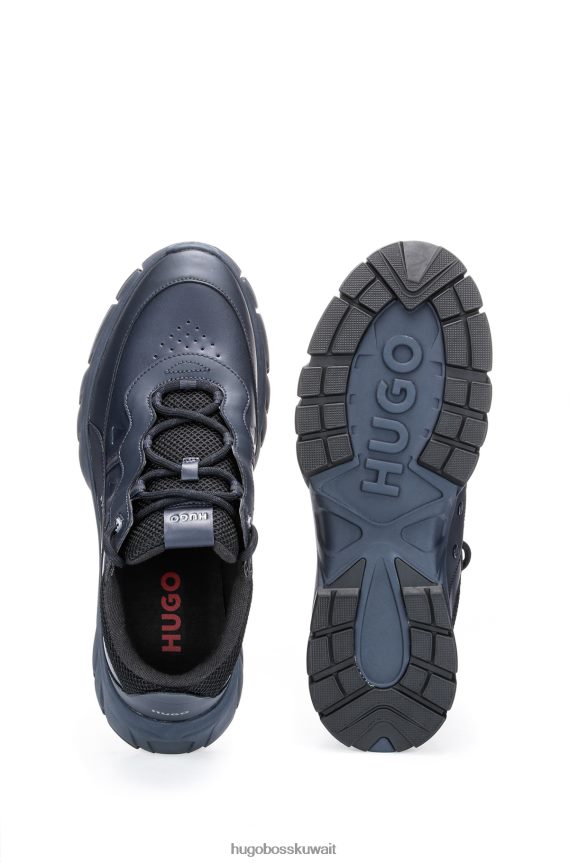 4TFNJN4905 أزرق غامق Hugo Boss حذاء رياضي هجين باللون الأزرق الداكن مع جلد مربوط وشبكة هوغو رياضية