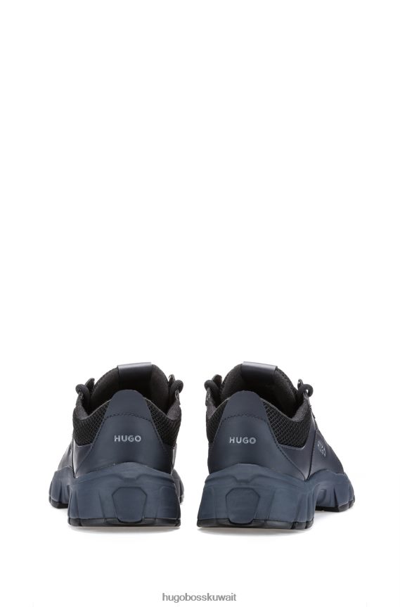 4TFNJN4905 أزرق غامق Hugo Boss حذاء رياضي هجين باللون الأزرق الداكن مع جلد مربوط وشبكة هوغو رياضية
