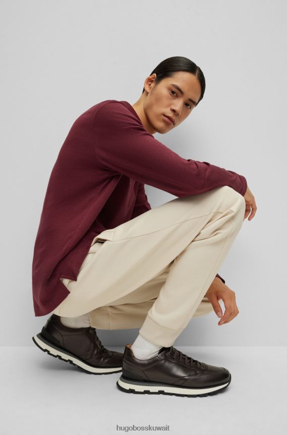 4TFNJN4910 بني غامق Hugo Boss حذاء رياضي هوغو برباط من الجلد الإيطالي مع تأثير مصقول باللون البني الداكن