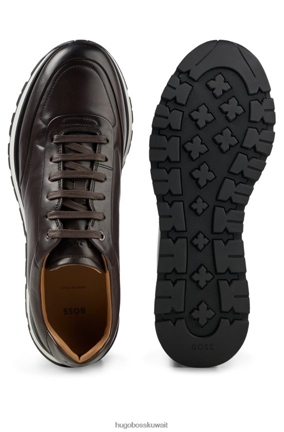 4TFNJN4910 بني غامق Hugo Boss حذاء رياضي هوغو برباط من الجلد الإيطالي مع تأثير مصقول باللون البني الداكن