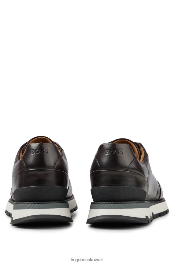 4TFNJN4910 بني غامق Hugo Boss حذاء رياضي هوغو برباط من الجلد الإيطالي مع تأثير مصقول باللون البني الداكن