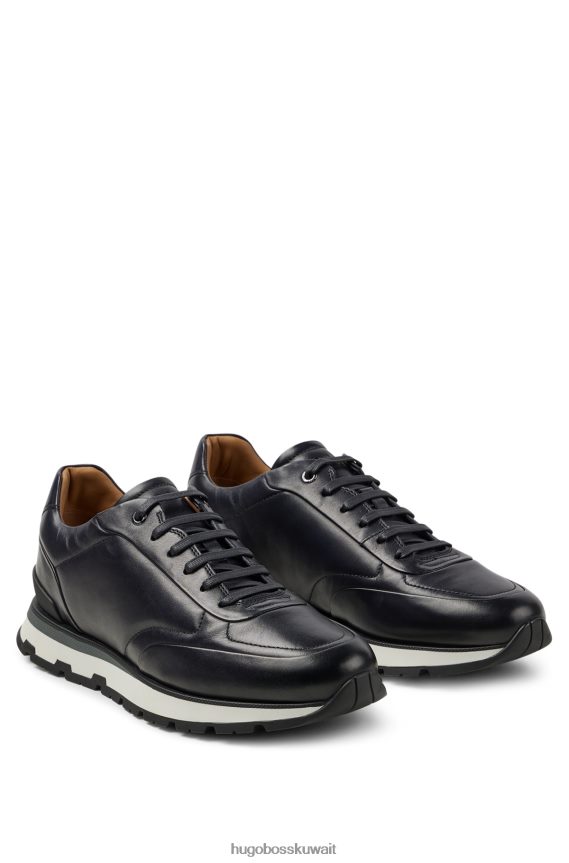 4TFNJN4911 أزرق غامق Hugo Boss حذاء رياضي برباط من الجلد الإيطالي مع تأثير مصقول باللون الأزرق الداكن