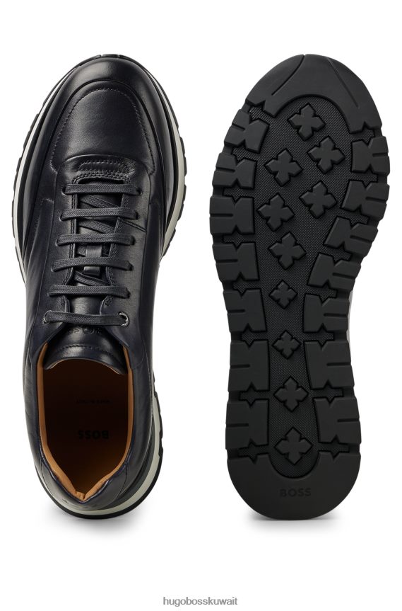 4TFNJN4911 أزرق غامق Hugo Boss حذاء رياضي برباط من الجلد الإيطالي مع تأثير مصقول باللون الأزرق الداكن