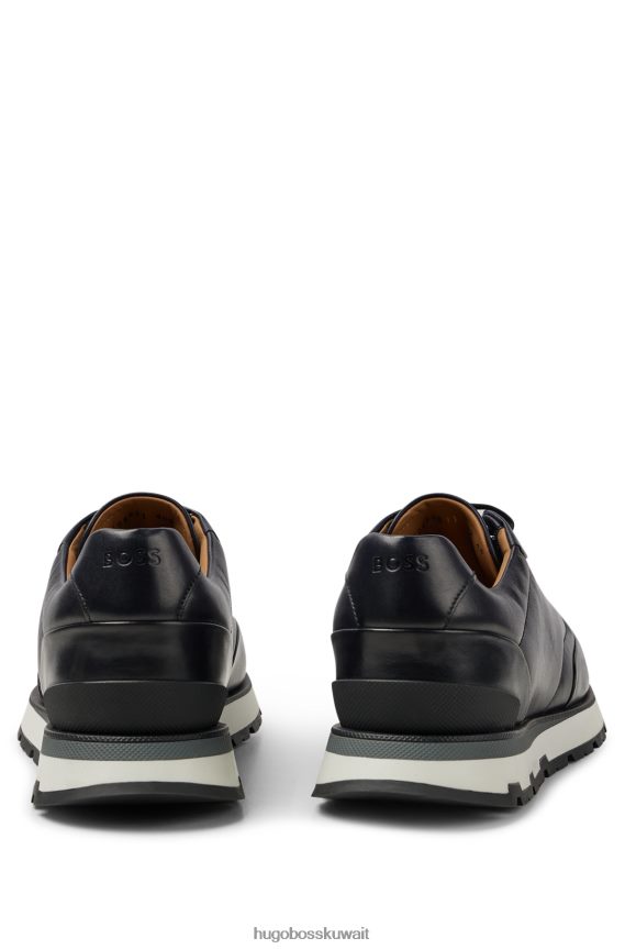 4TFNJN4911 أزرق غامق Hugo Boss حذاء رياضي برباط من الجلد الإيطالي مع تأثير مصقول باللون الأزرق الداكن