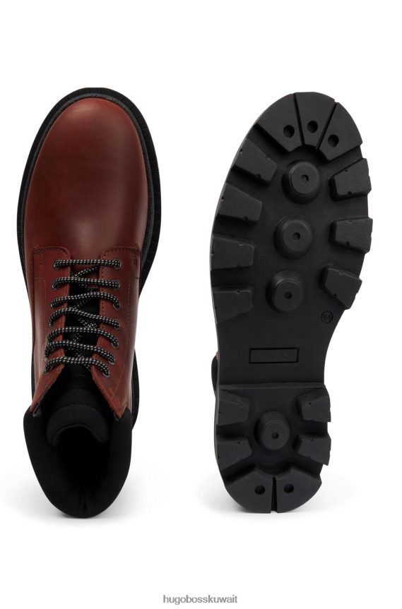 4TFNJN4913 بني Hugo Boss حذاء نصف طويل بياقة تحمل العلامة التجارية مصنوع من جلد هوغو البني