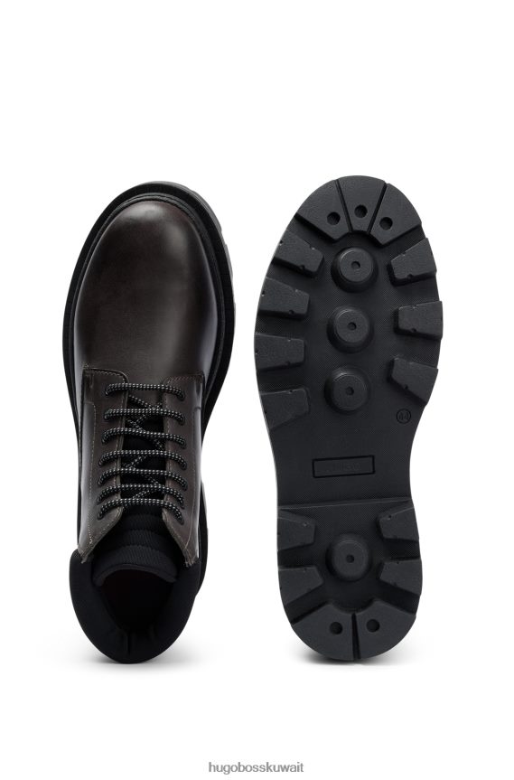 4TFNJN4914 بني غامق Hugo Boss حذاء نصف بوت بني داكن بياقة تحمل العلامة التجارية Hugo مصنوع من الجلد القابل للسحب