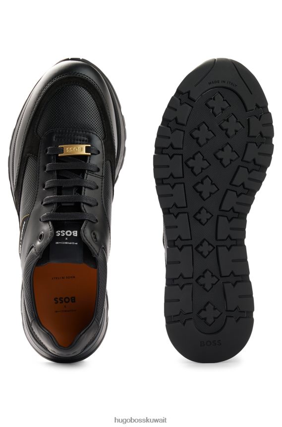 4TFNJN4940 أسود Hugo Boss حذاء رياضي من الجلد من بورشه X مع شريط خلفي ذهبي اللون