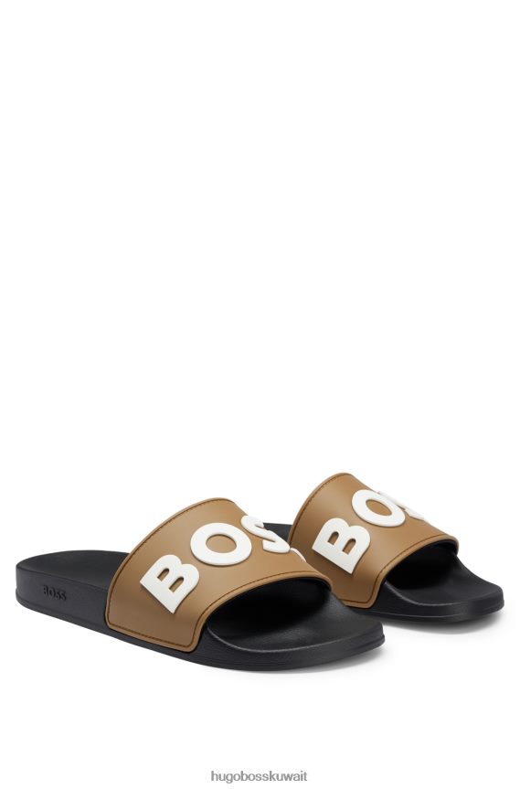 4TFNJN4943 اللون البيج Hugo Boss شرائح بيج إيطالية الصنع مع شعار هوغو متباين مرتفع