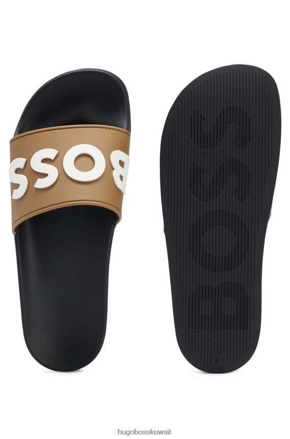 4TFNJN4943 اللون البيج Hugo Boss شرائح بيج إيطالية الصنع مع شعار هوغو متباين مرتفع