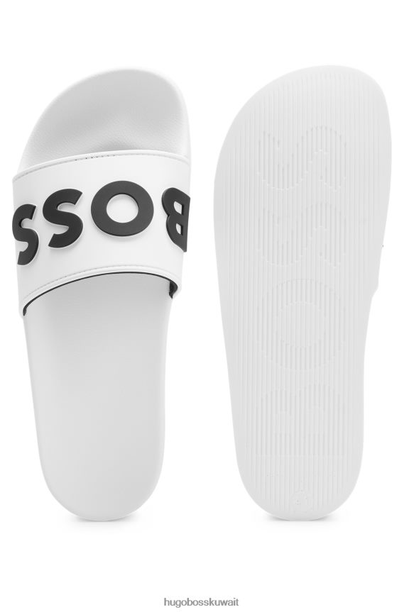 4TFNJN4944 أبيض Hugo Boss شرائح إيطالية الصنع مع شعار متباين مرتفع باللون الأبيض