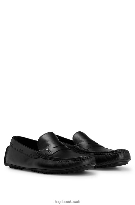 4TFNJN4947 أسود Hugo Boss حذاء موكاسين من هوغو مصنوع من الجلد مع زخرفة تحمل العلامة التجارية باللون الأسود
