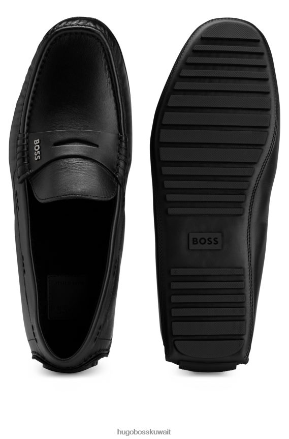 4TFNJN4947 أسود Hugo Boss حذاء موكاسين من هوغو مصنوع من الجلد مع زخرفة تحمل العلامة التجارية باللون الأسود