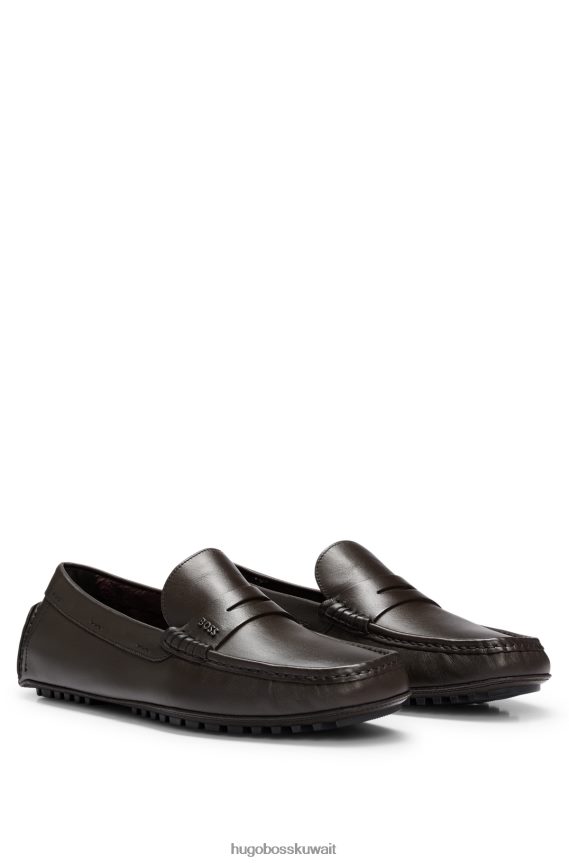 4TFNJN4948 بني غامق Hugo Boss حذاء بدون كعب بنعل السائق مصنوع من الجلد مع زخرفة باللون البني الداكن من هوغو