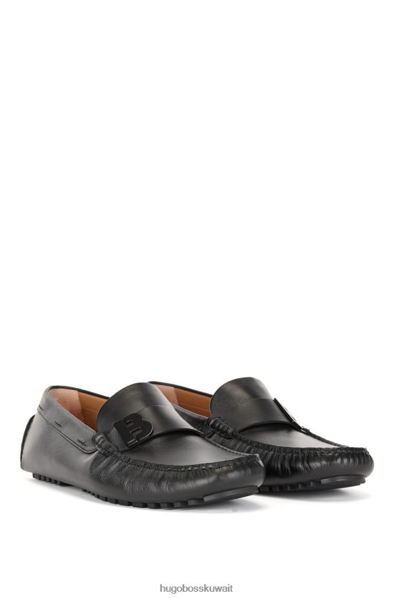 4TFNJN4952 أسود Hugo Boss حذاء موكاسين من جلد نابا مع زخرفة معدنية على شكل "b" باللون الأسود