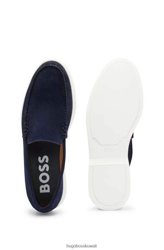 4TFNJN4957 أزرق غامق Hugo Boss حذاء بدون كعب من الجلد السويدي مع شعار emed ونعل خارجي من مادة TPU